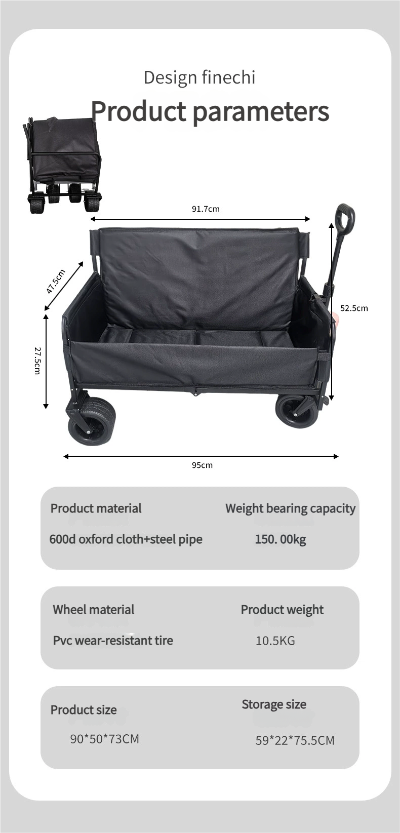 Outdoor Foldable Chaise sofa seat with Integrated Wagon Pull Camping Cart