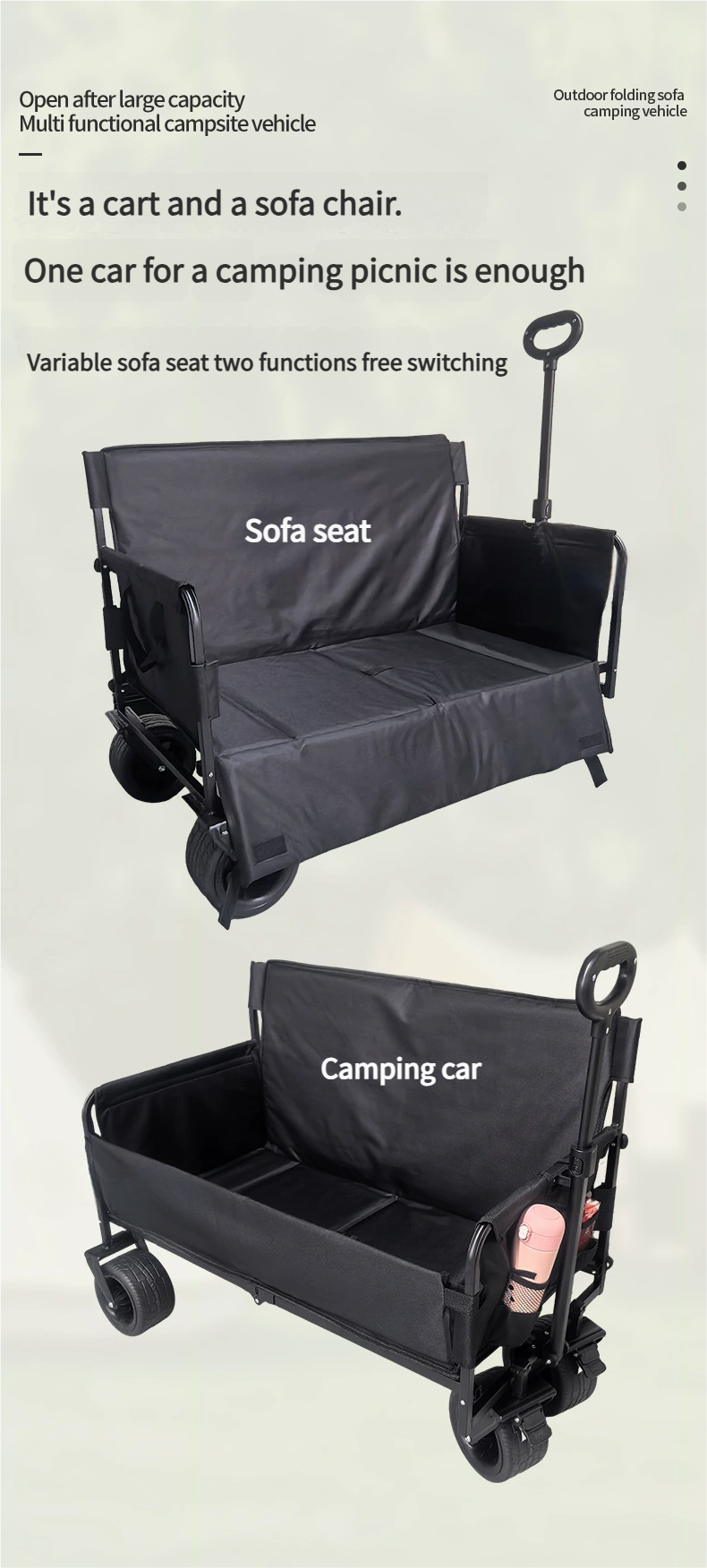 Outdoor Foldable Chaise sofa seat  with Integrated Wagon Pull Camping Cart