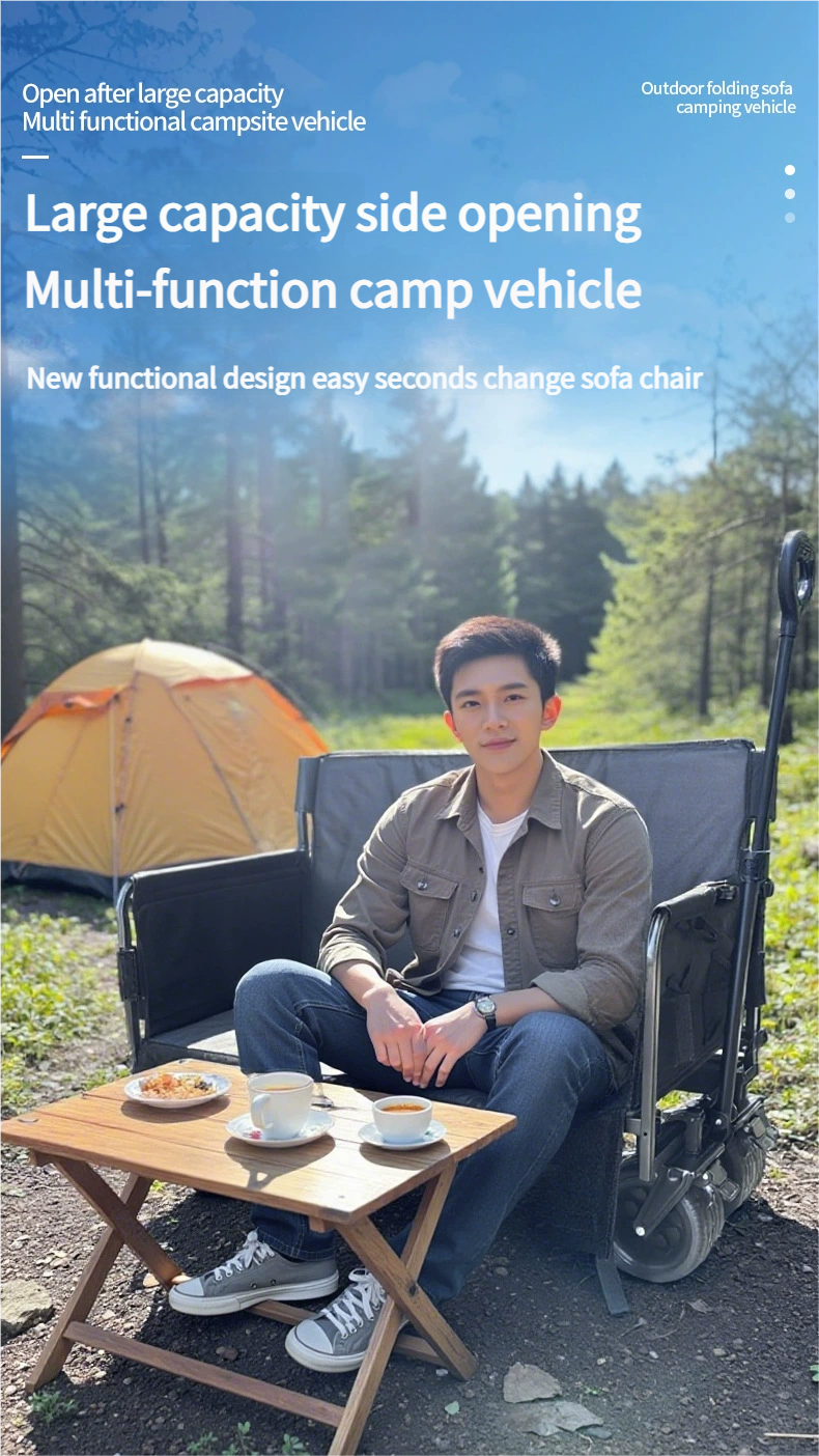 Outdoor Foldable Chaise sofa seat  with Integrated Wagon Pull Camping Cart